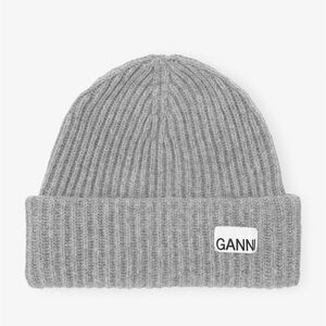 Ganni Light Gray Oversized Rib Knit Beanie